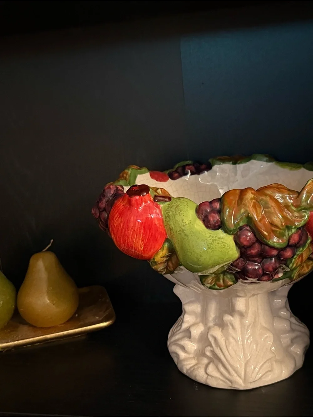 Hand-Painted Ceramic Fruit Compote - Red, Green, Purple Accents
